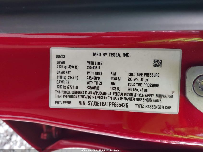 2023 Tesla Model 3 Rear-Wheel Drive VIN: 5YJ3E1EA1PF665426 Lot: 43408093