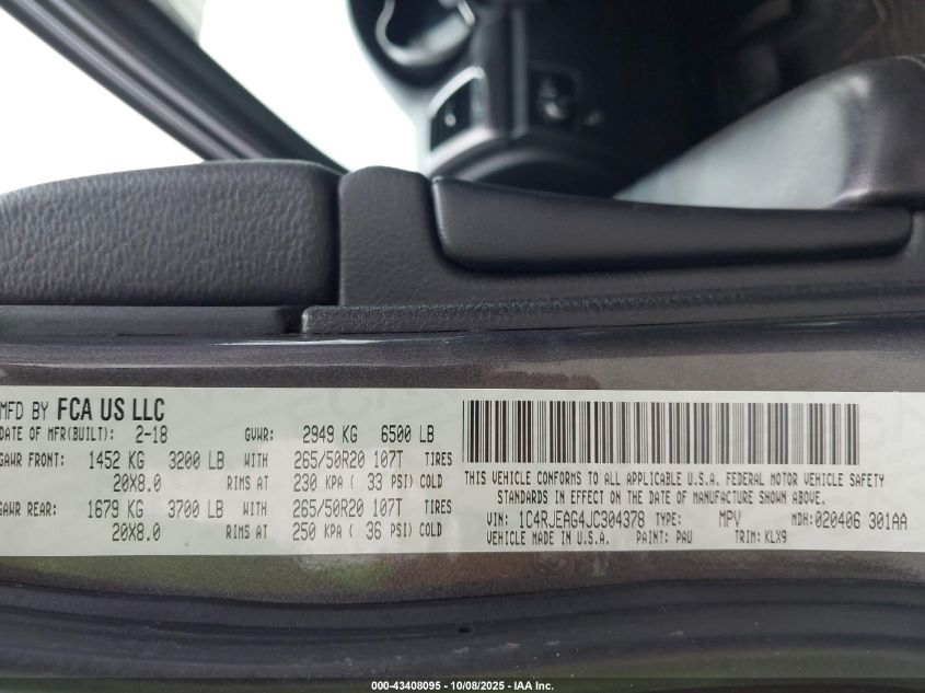 2018 Jeep Grand Cherokee Altitude 4X2 VIN: 1C4RJEAG4JC304378 Lot: 43408095