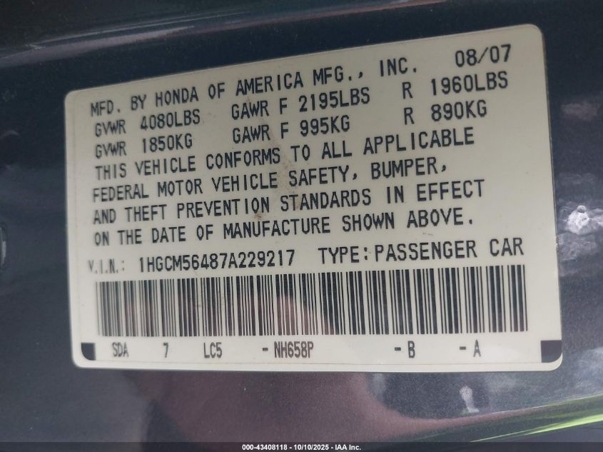 2007 Honda Accord 2.4 Lx VIN: 1HGCM56487A229217 Lot: 43408118