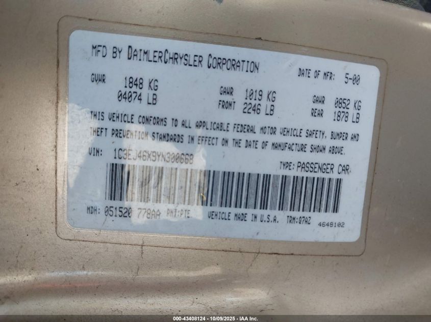 2000 Chrysler Cirrus Lx VIN: 1C3EJ46X9YN300668 Lot: 43408124