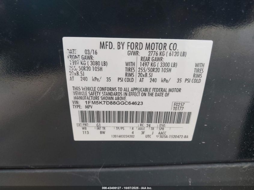 2016 Ford Explorer Xlt VIN: 1FM5K7D88GGC64623 Lot: 43408127