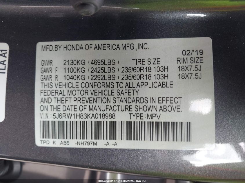 2019 Honda Cr-V Ex-L VIN: 5J6RW1H83KA018988 Lot: 43408137