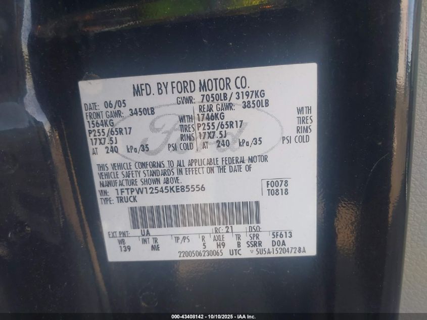 2005 Ford F-150 Lariat/Xlt VIN: 1FTPW12545KE85556 Lot: 43408142