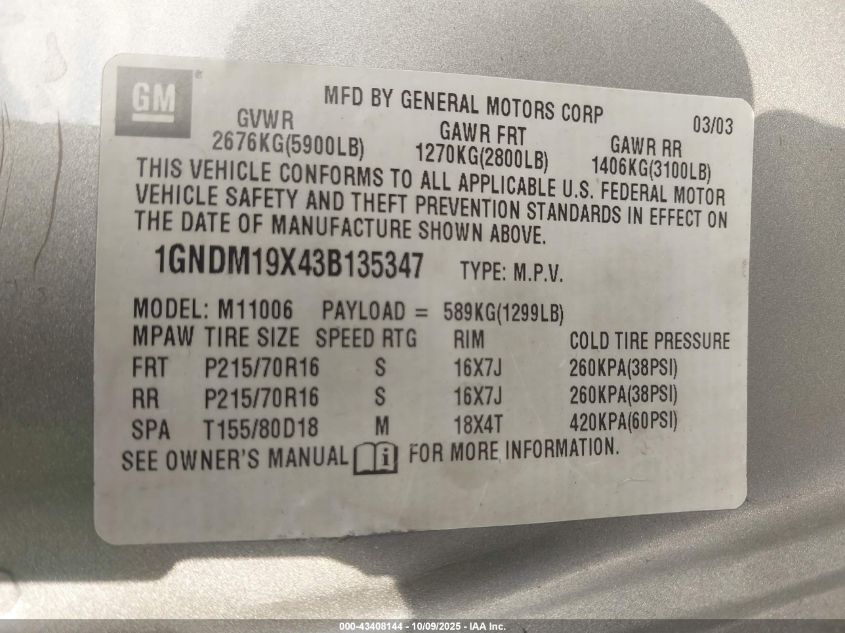 2003 Chevrolet Astro VIN: 1GNDM19X43B135347 Lot: 43408144
