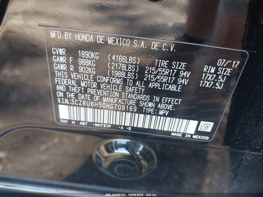 2017 HONDA HR-V EX 3CZRU6H50HG709169