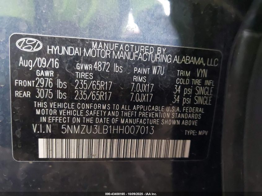 2017 Hyundai Santa Fe Sport 2.4L VIN: 5NMZU3LB1HH007013 Lot: 43408165