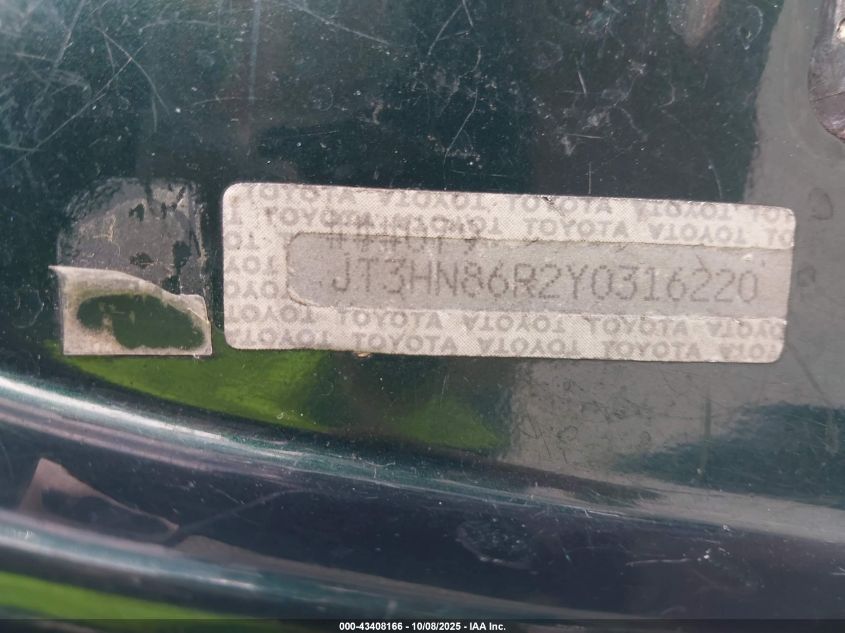 2000 Toyota 4Runner Sr5 V6 VIN: JT3HN86R2Y0316220 Lot: 43408166