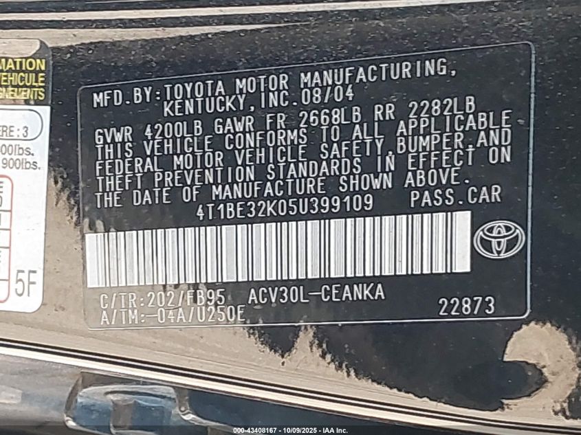 2005 Toyota Camry Le VIN: 4T1BE32K05U399109 Lot: 43408167