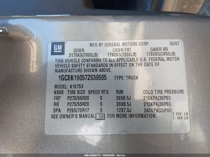 2007 Chevrolet Silverado 1500 Ltz VIN: 1GCEK19057Z639585 Lot: 43408173