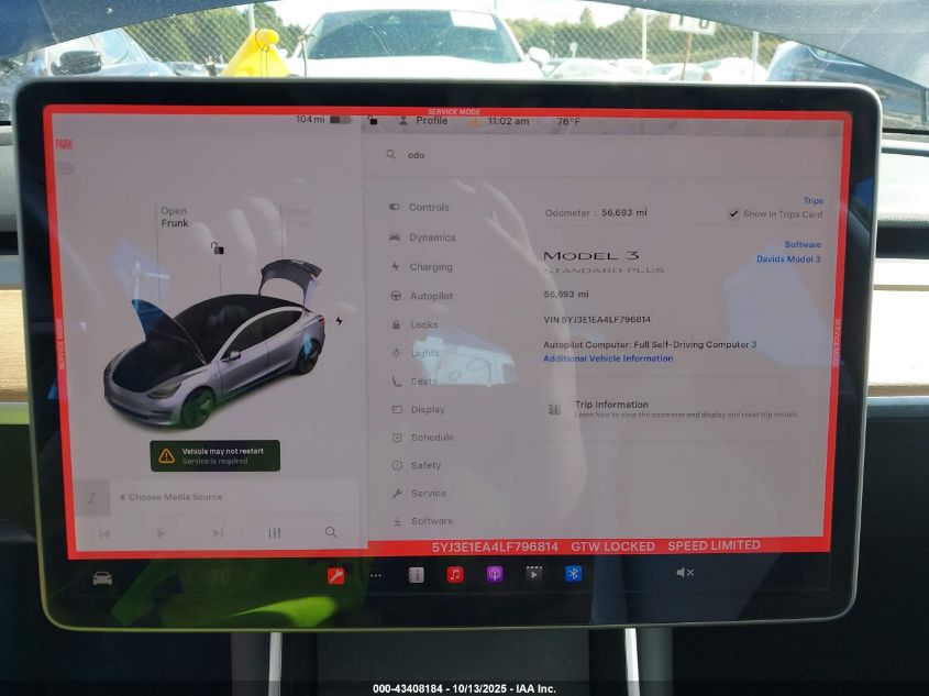2020 Tesla Model 3 Standard Range Plus Rear-Wheel Drive/Standard Range Rear-Wheel Drive VIN: 5YJ3E1EA4LF796814 Lot: 43408184