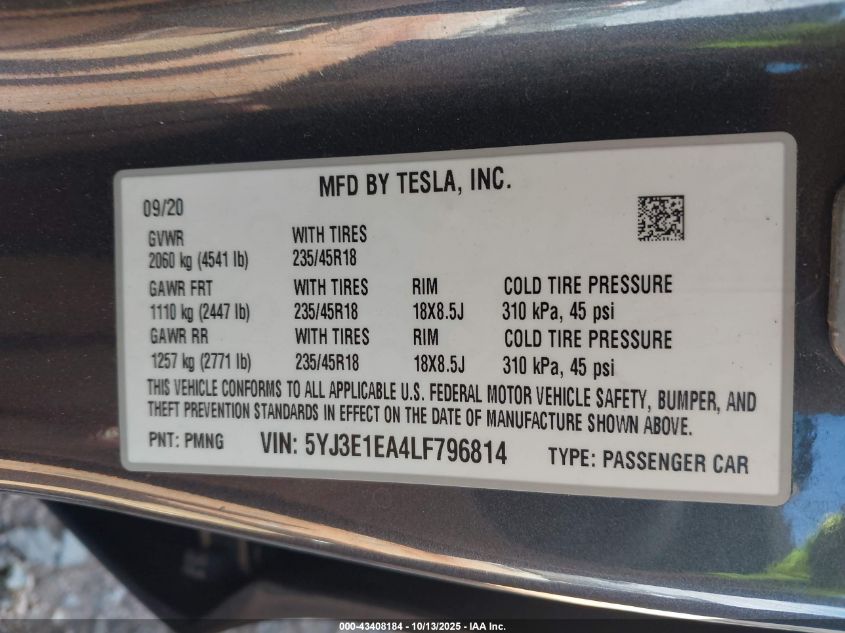2020 Tesla Model 3 Standard Range Plus Rear-Wheel Drive/Standard Range Rear-Wheel Drive VIN: 5YJ3E1EA4LF796814 Lot: 43408184