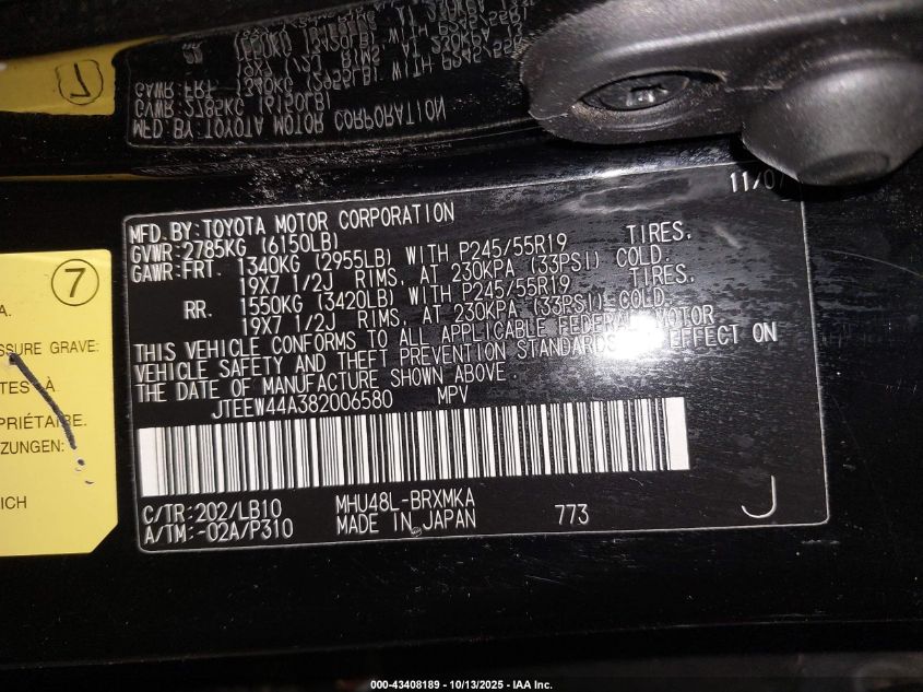 2008 Toyota Highlander Hybrid Limited VIN: JTEEW44A382006580 Lot: 43408189