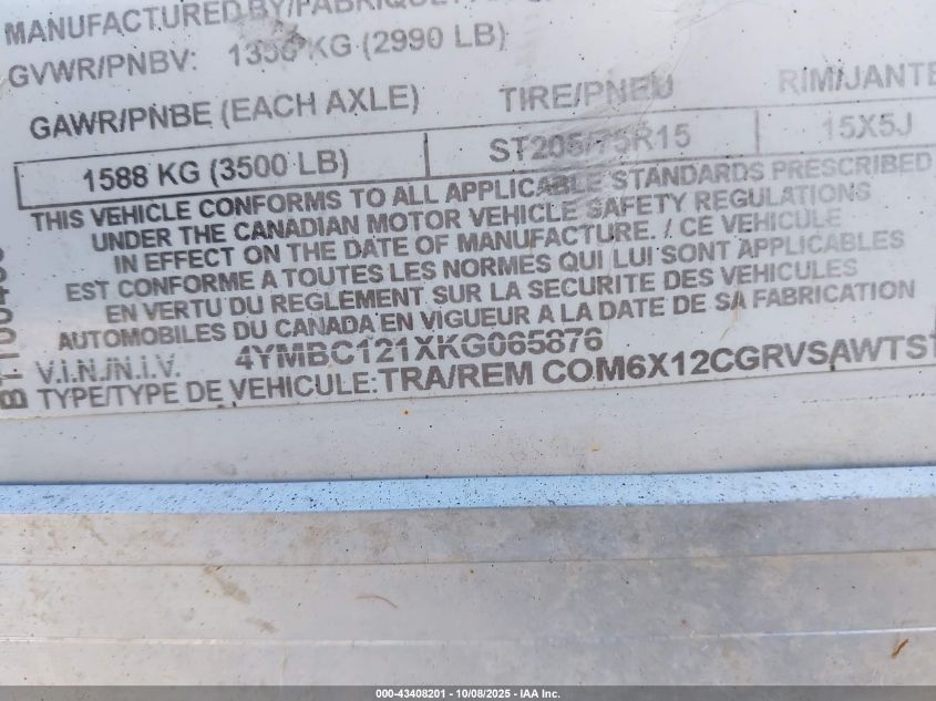 2019 Commander Commander VIN: 4YMBC121XKG065876 Lot: 43408201