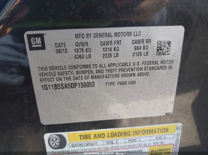 2013 Chevrolet Malibu 1Ls VIN: 1G11B5SA5DF139053 Lot: 43408204