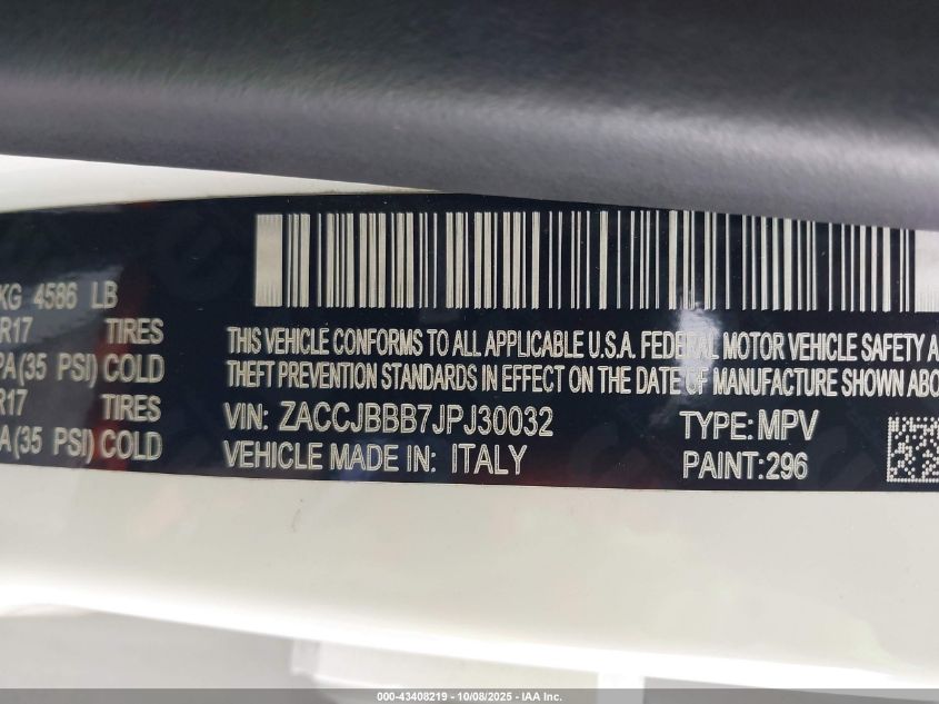 2018 Jeep Renegade Latitude 4X4 VIN: ZACCJBBB7JPJ30032 Lot: 43408219