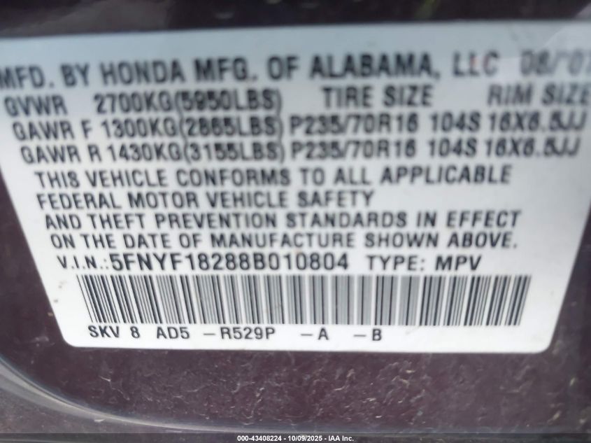 2008 Honda Pilot Vp VIN: 5FNYF18288B010804 Lot: 43408224
