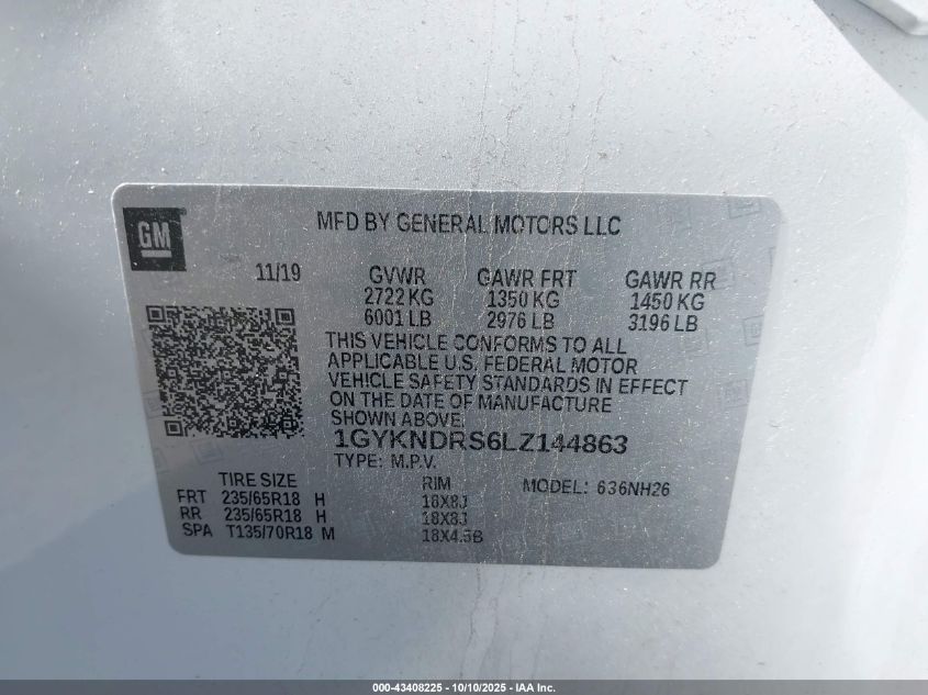 2020 Cadillac Xt5 Awd Premium Luxury VIN: 1GYKNDRS6LZ144863 Lot: 43408225