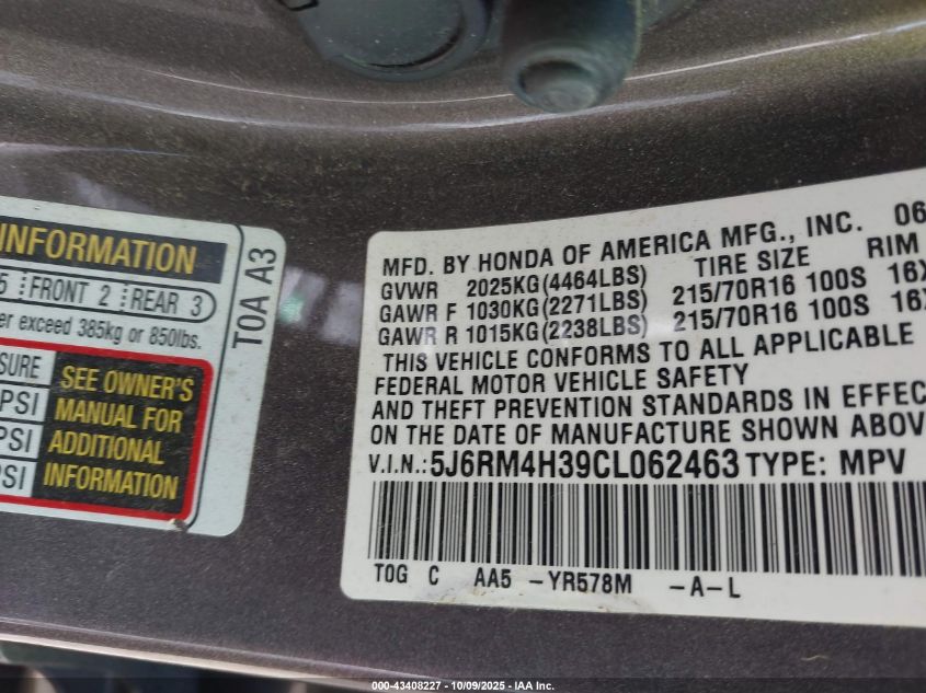 2012 Honda Cr-V Lx VIN: 5J6RM4H39CL062463 Lot: 43408227