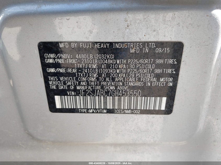 2016 SUBARU FORESTER 2.5I JF2SJABC7GH453550