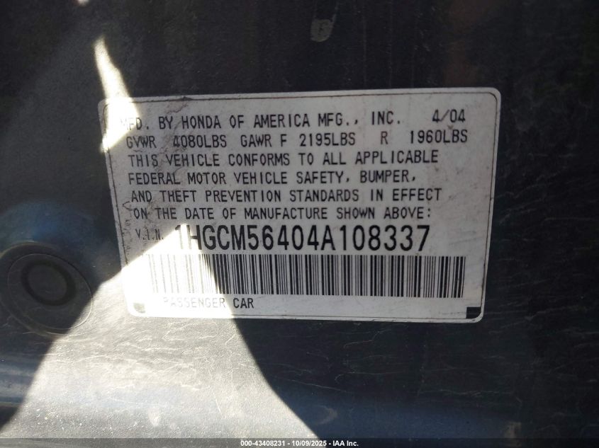 2004 Honda Accord 2.4 Lx VIN: 1HGCM56404A108337 Lot: 43408231