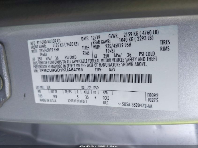 2019 Ford Escape Se VIN: 1FMCU9GD1KUA64795 Lot: 43408234