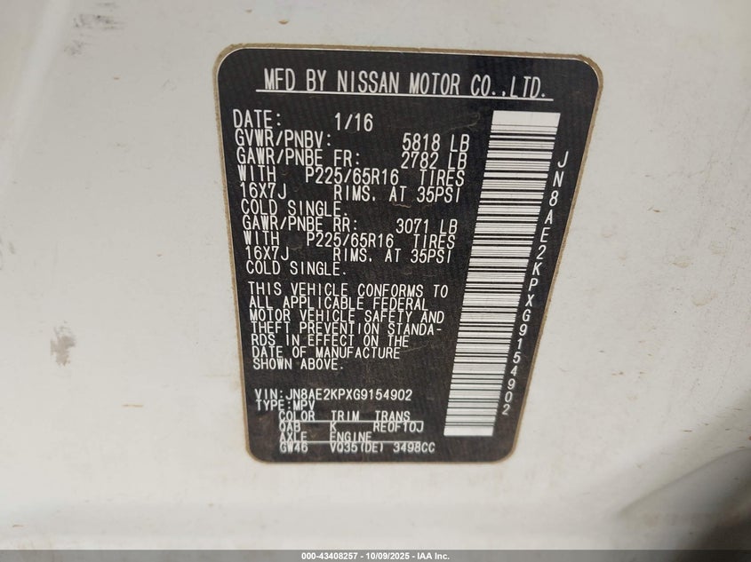 2016 NISSAN QUEST PLATINUM/S/SL/SV - JN8AE2KPXG9154902