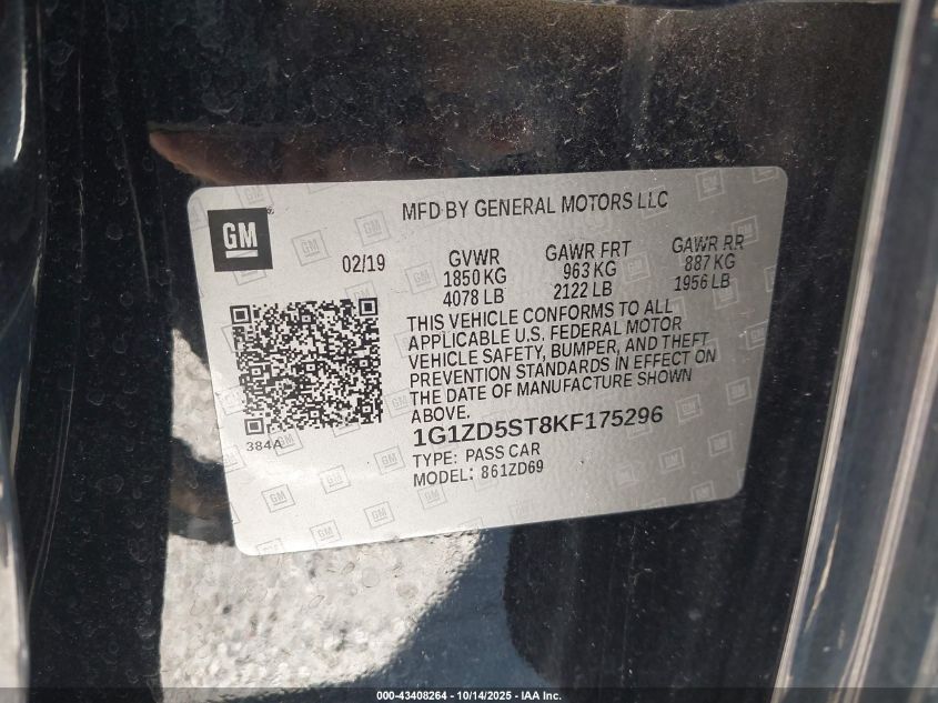 2019 Chevrolet Malibu Lt VIN: 1G1ZD5ST8KF175296 Lot: 43408264