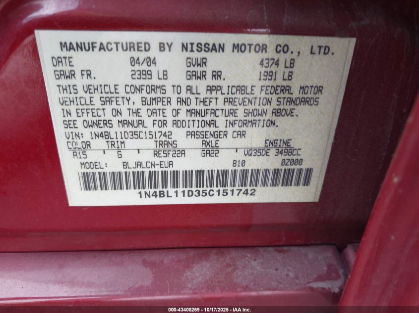 2005 Nissan Altima 3.5 Se VIN: 1N4BL11D35C151742 Lot: 43408269