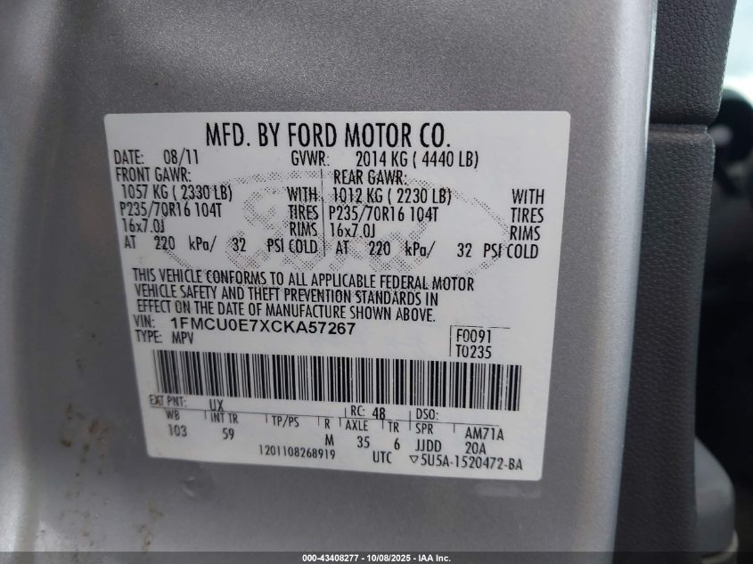 2012 Ford Escape Limited VIN: 1FMCU0E7XCKA57267 Lot: 43408277