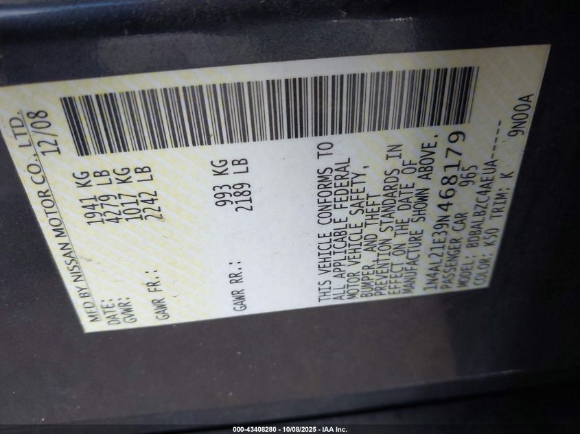 2009 Nissan Altima 2.5 S VIN: 1N4AL21E39N468179 Lot: 43408280