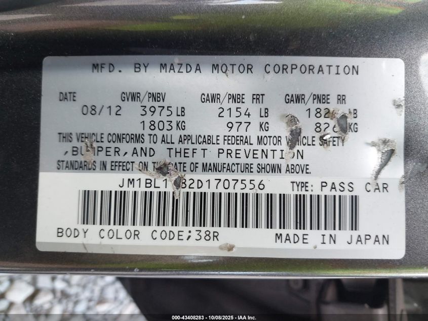 2013 Mazda Mazda3 I Touring VIN: JM1BL1V82D1707556 Lot: 43408283