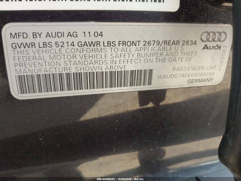 2005 Audi A6 3.2 VIN: WAUDG74F65N065768 Lot: 43408293