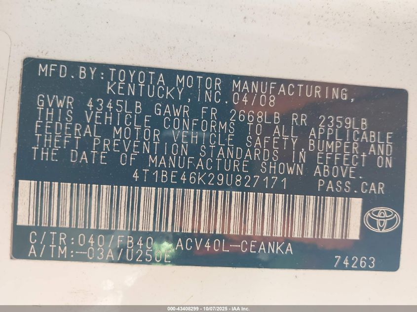 2009 Toyota Camry Le VIN: 4T1BE46K29U827171 Lot: 43408299