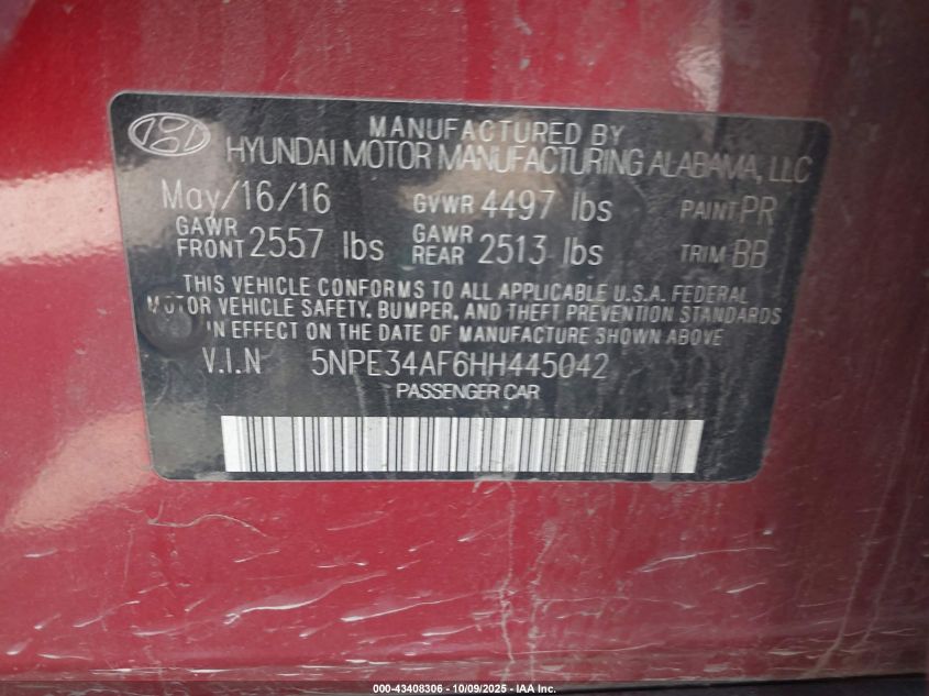 2017 Hyundai Sonata Limited VIN: 5NPE34AF6HH445042 Lot: 43408306