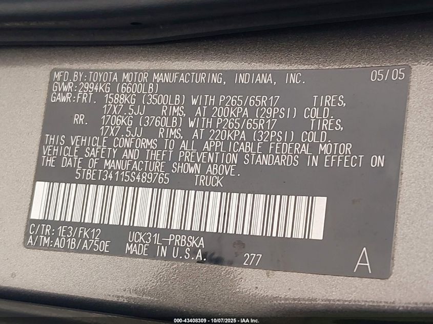 2005 Toyota Tundra Sr5 V8 VIN: 5TBET34115S489765 Lot: 43408309