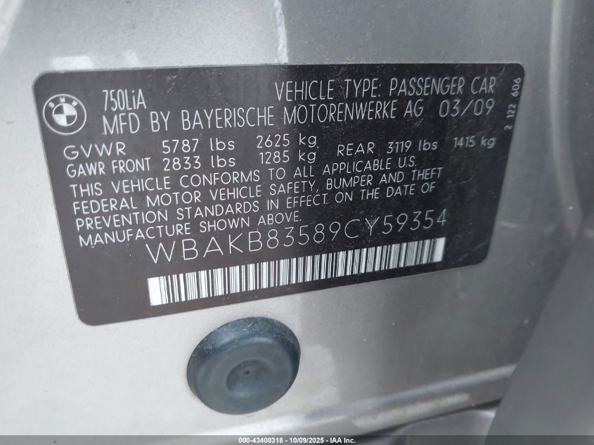 2009 BMW 750Li VIN: WBAKB83589CY59354 Lot: 43408318