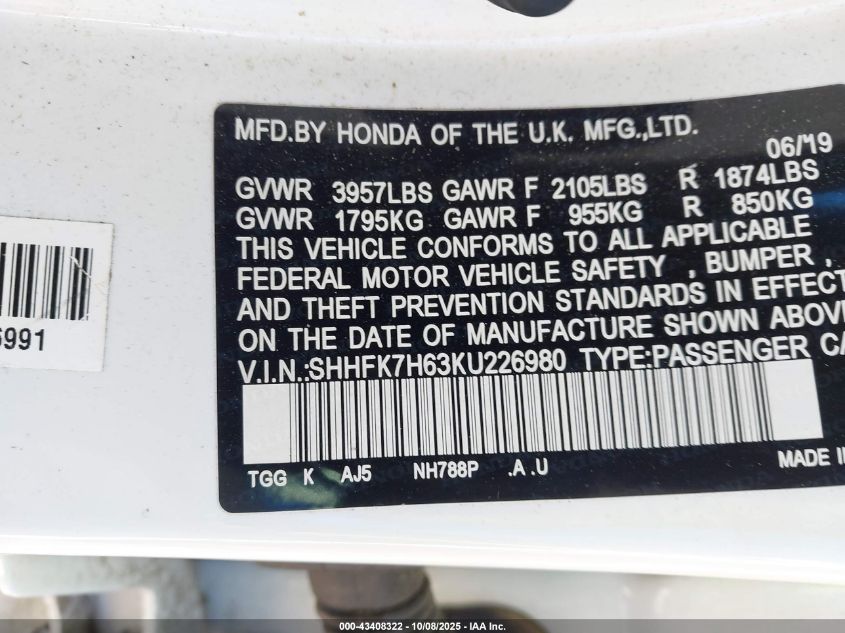 2019 Honda Civic Ex VIN: SHHFK7H63KU226980 Lot: 43408322