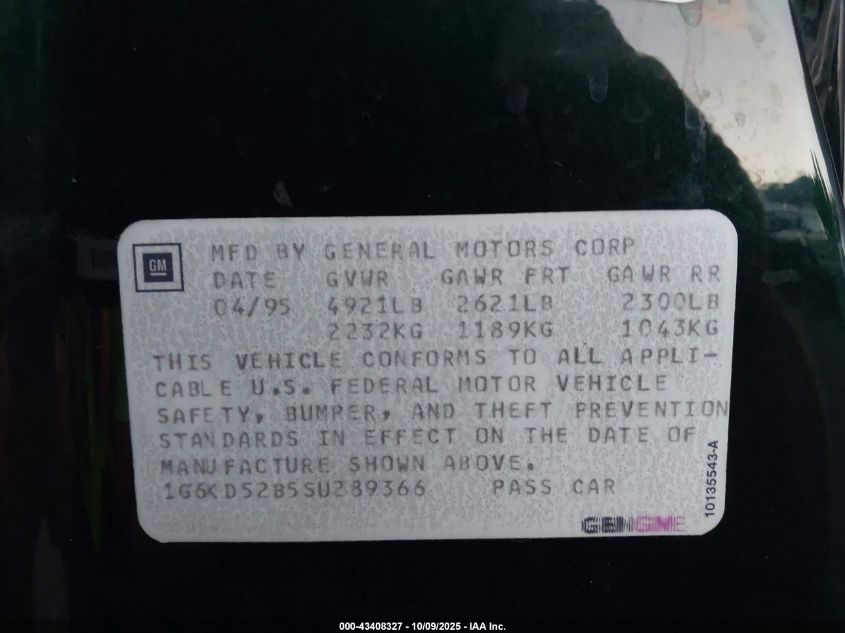 1995 Cadillac Deville VIN: 1G6KD52B5SU289366 Lot: 43408327