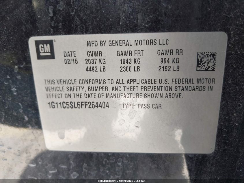 2015 Chevrolet Malibu 1Lt VIN: 1G11C5SL6FF264404 Lot: 43408328