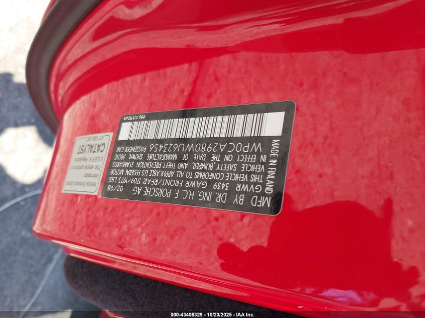 1998 Porsche Boxster VIN: WP0CA2980WU623456 Lot: 43408329