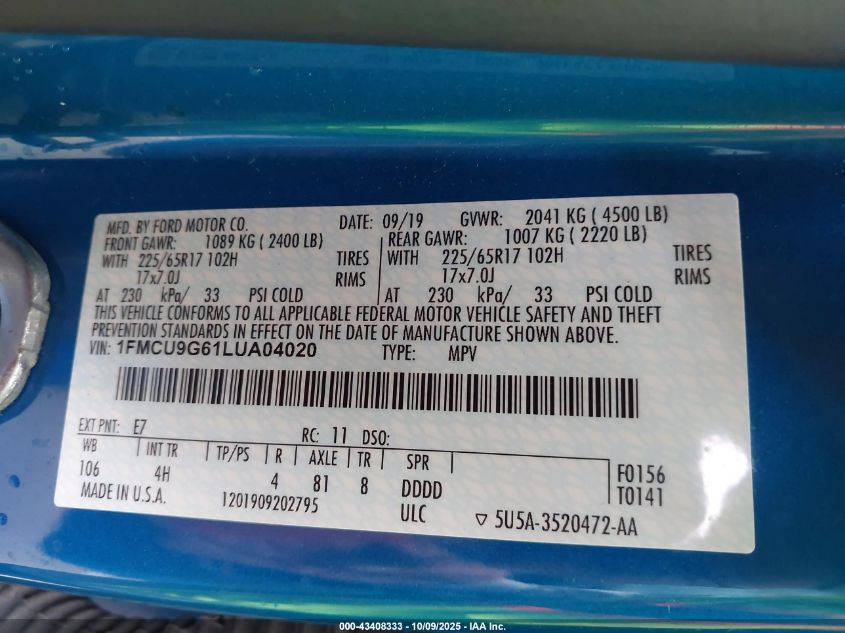 2020 Ford Escape Se VIN: 1FMCU9G61LUA04020 Lot: 43408333