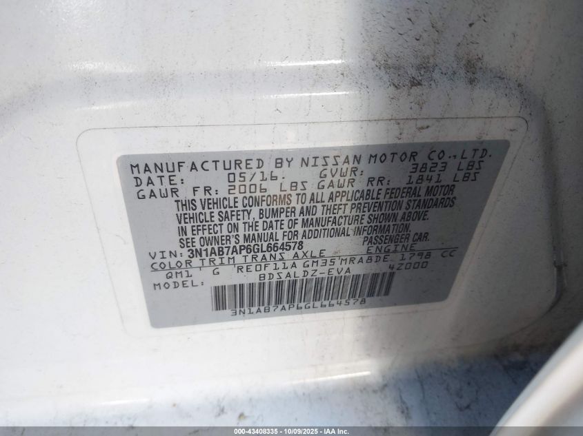 2016 Nissan Sentra Sv VIN: 3N1AB7AP6GL664578 Lot: 43408335