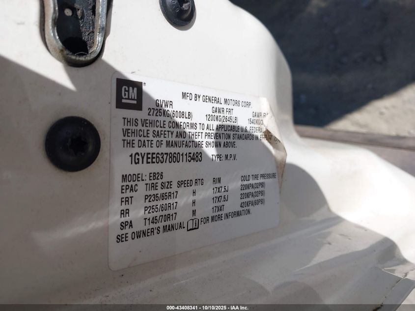 2006 Cadillac Srx V6 VIN: 1GYEE637860115483 Lot: 43408341