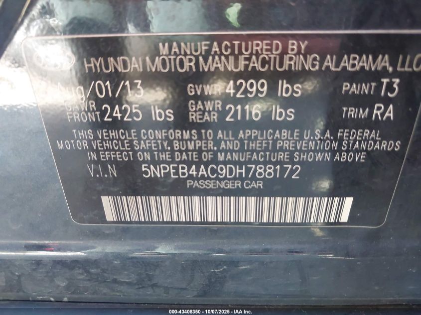2013 Hyundai Sonata Gls VIN: 5NPEB4AC9DH788172 Lot: 43408350
