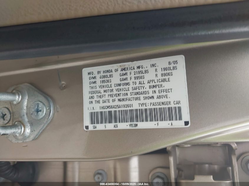 2005 Honda Accord 2.4 Lx VIN: 1HGCM56425A192601 Lot: 43408354