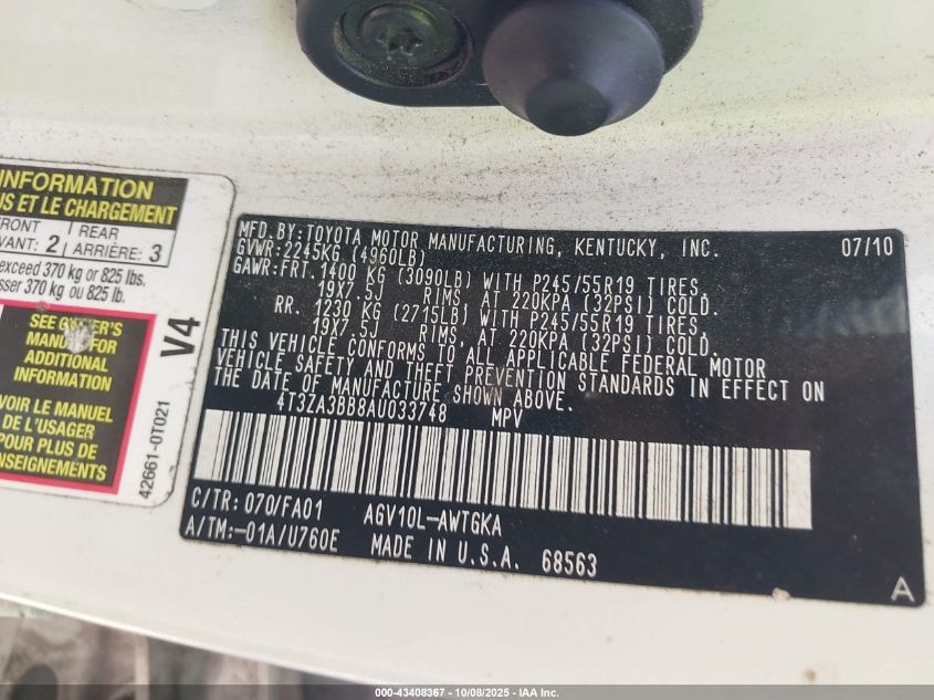 2010 Toyota Venza VIN: 4T3ZA3BB8AU033748 Lot: 43408367