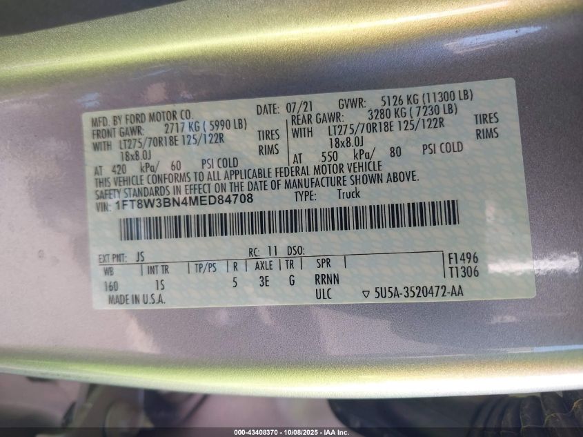 2021 Ford F-350 Xl VIN: 1FT8W3BN4MED84708 Lot: 43408370