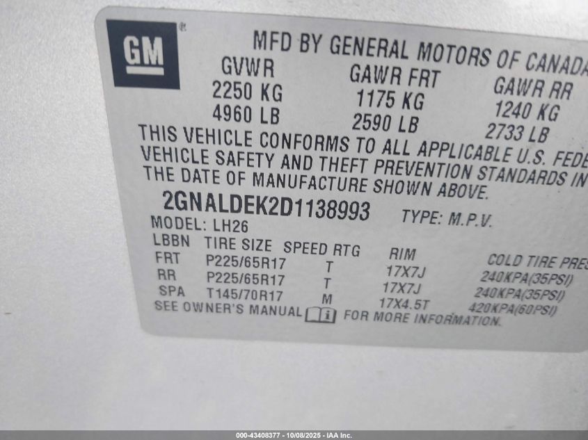 2013 Chevrolet Equinox 1Lt VIN: 2GNALDEK2D1138993 Lot: 43408377