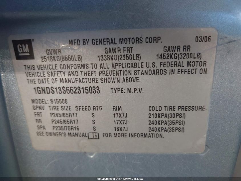 2006 Chevrolet Trailblazer Ls VIN: 1GNDS13S662315033 Lot: 43408380