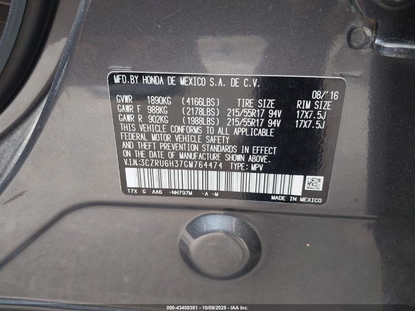 2016 Honda Hr-V Lx VIN: 3CZRU6H37GM764474 Lot: 43408381